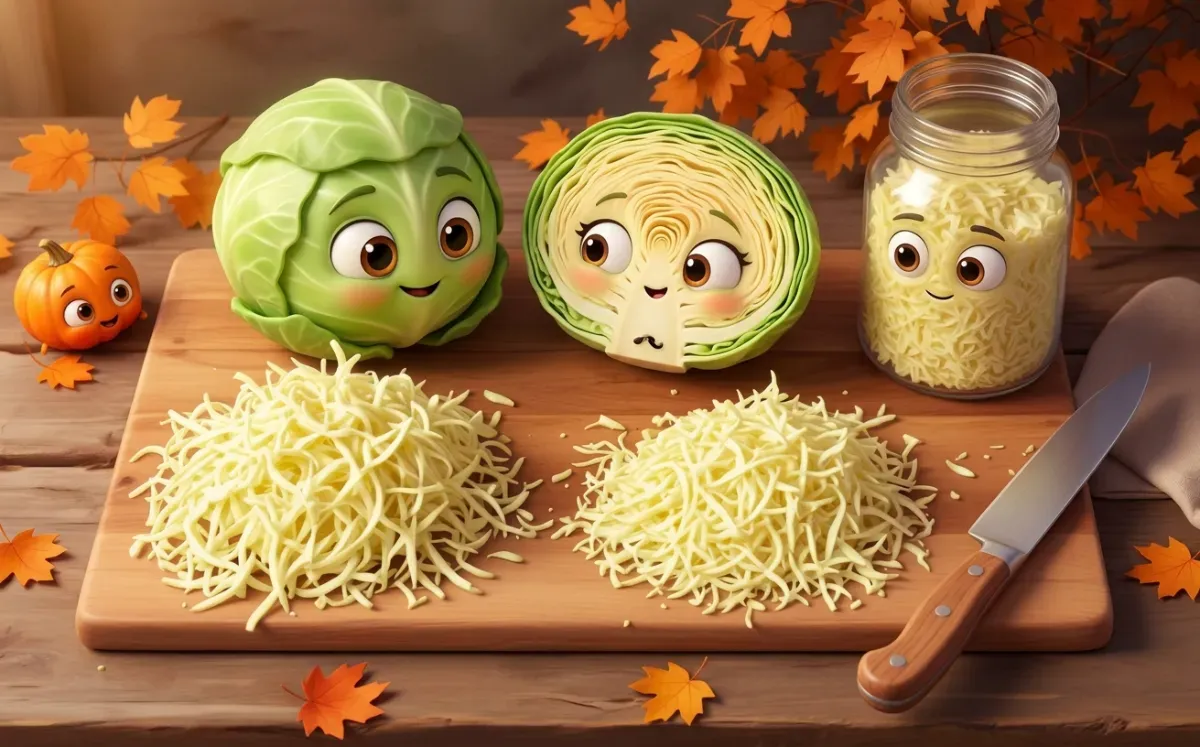 Niedliche Kohlköpfe, ein Glas und ein Kürbis im 3D-Animationsstil mit Gesichtern auf einem Holzbrett mit gehobeltem Weißkohl und Herbstblättern