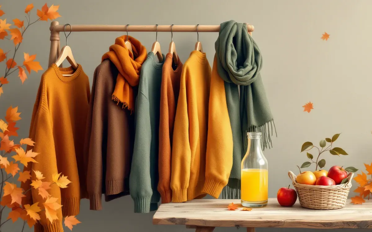 Gemalte Herbstszene: Strickpullover und Schals an einer Holzkleiderstange, daneben ein Korb Äpfel und eine Flasche Saft.